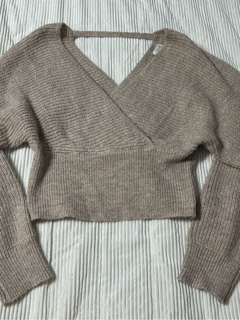 Bluivy Cropped V-Neck Wrap Sweater - Taupe